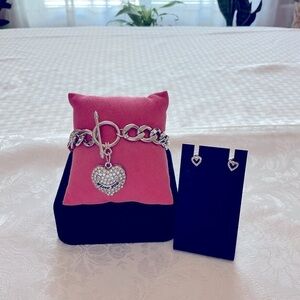 Juicy Couture Heart Charm Rhinestone Silver Tone Toggle Bracelet